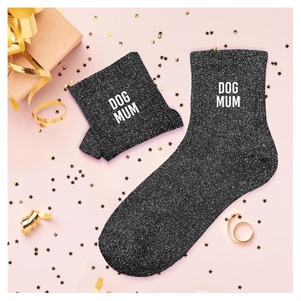 Chaussettes - Femme - Noir avec paillettes - Dog Mum - Taille 36/42 - Humour - Cadeau