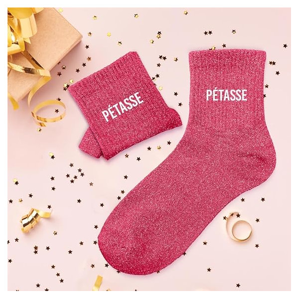 Chaussettes - Femme - Rose avec paillettes - Pétasse - Taille 36/42 - Humour - Cadeau
