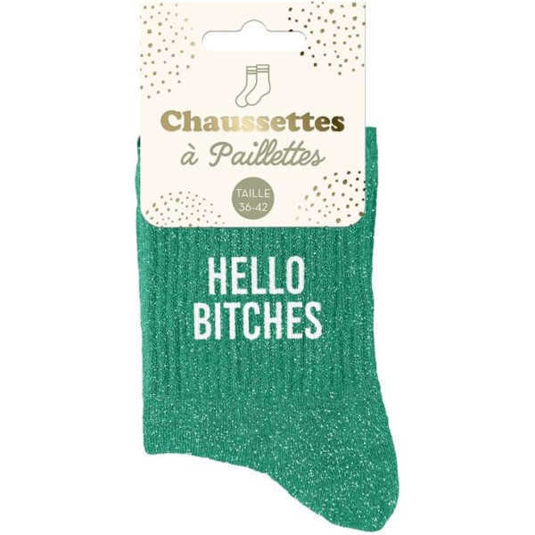 PHOTO-Chaussettes - Femme - Vert avec paillettes - Hello Bitches - Taille 36/42 - Humour - Cadeau