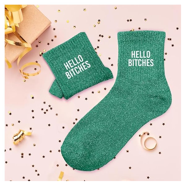 Chaussettes - Femme - Vert avec paillettes - Hello Bitches - Taille 36/42 - Humour - Cadeau