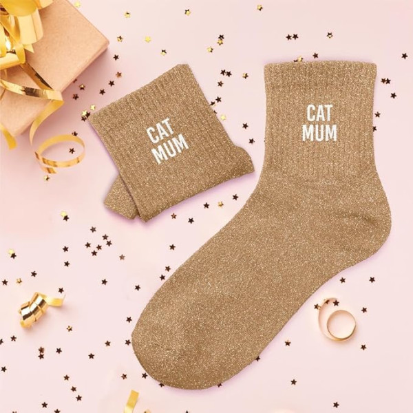 Chaussettes - Femme - Beige avec paillettes - Cat Mum - Taille 36/42 - Humour - Cadeau