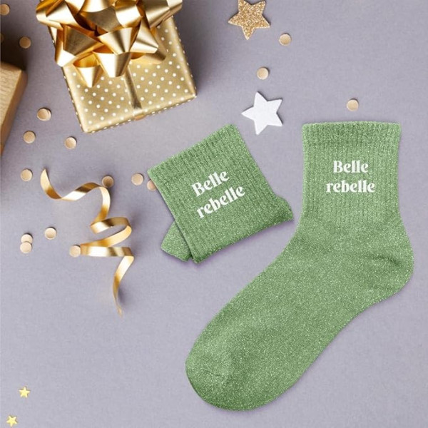 Chaussettes - Femme - Vert avec paillettes - Belle rebelle - Taille 36/42 - Humour - Cadeau