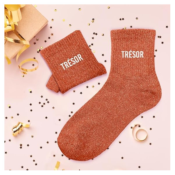 Chaussettes - Femme - Orange avec paillettes - Trésor - Taille 36/42 - Humour - Cadeau