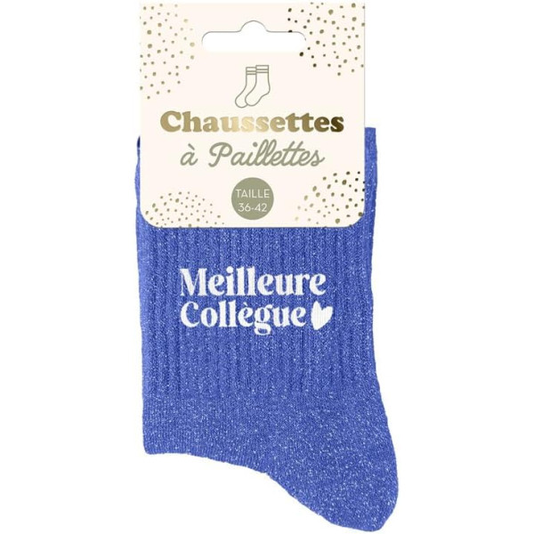 photo-Chaussettes - Femme - Bleu avec paillettes - Meilleure collègue - Taille 36/42 - Humour - Cadeau
