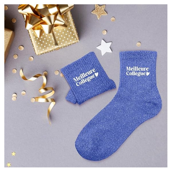 Chaussettes - Femme - Bleu avec paillettes - Meilleure collègue - Taille 36/42 - Humour - Cadeau