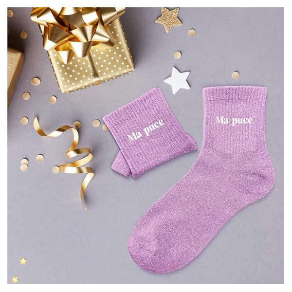Chaussettes - Femme - Violet avec paillettes - Ma puce - Taille 36/42 - Humour - Cadeau