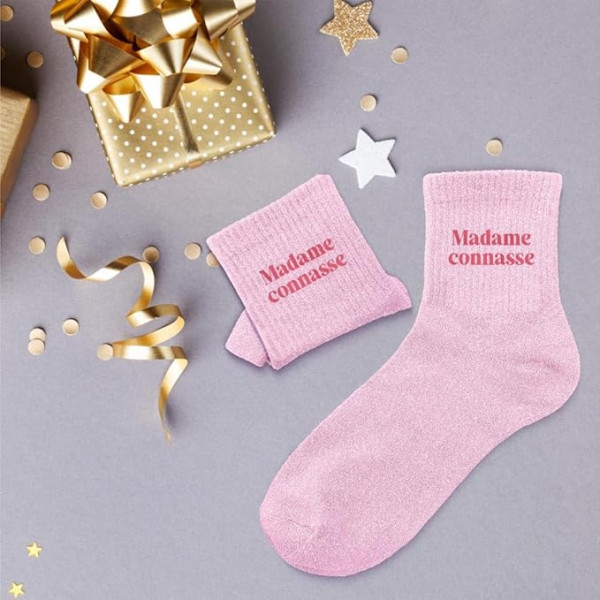 Chaussettes - Femme - Rose avec paillettes - Madame connasse - Taille 36/42 - Humour - Cadeau