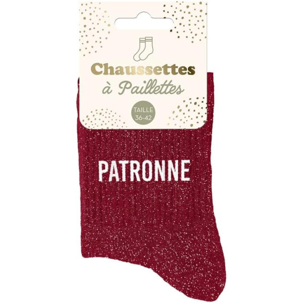 photo-Chaussettes - Femme - Bordeaux avec paillettes - Patronne - Taille 36/42 - Humour - Cadeau