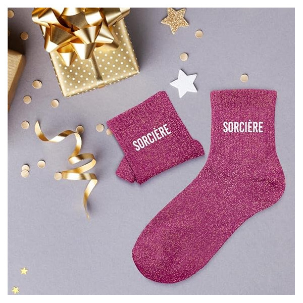 Chaussettes - Femme - Rose avec paillettes - Sorcière - Taille 36/42 - Humour - Cadeau
