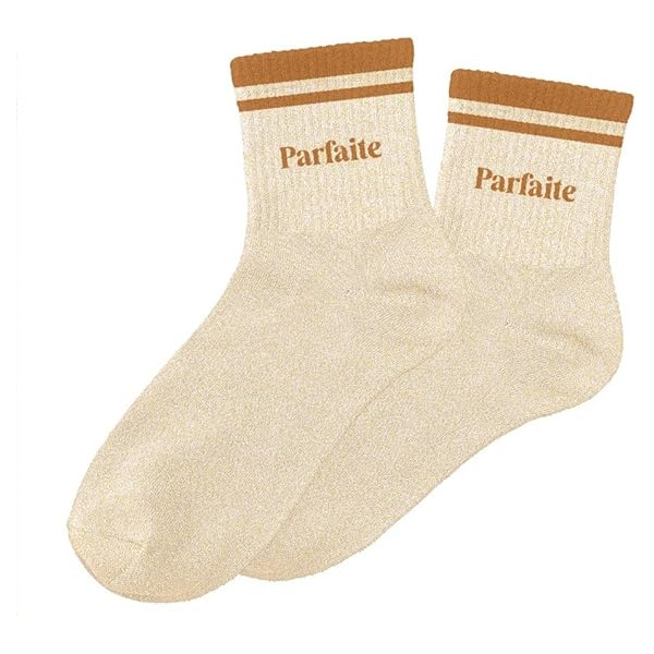 photo-Chaussettes - Femme - Beige avec paillettes avec bandes marron - Parfaite - Taille 36/42
