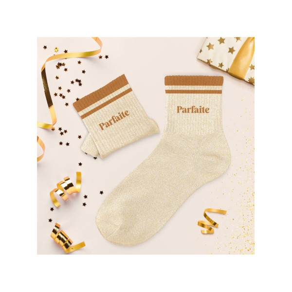 Chaussettes - Femme - Beige avec paillettes avec bandes marron - Parfaite - Taille 36/42
