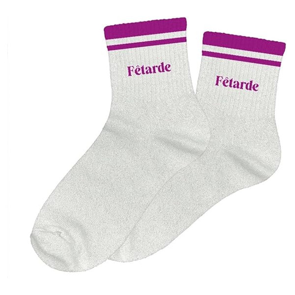 photo-Chaussettes - Femme - Blanc avec paillettes avec bandes violet - Fêtarde  - Taille 36/42