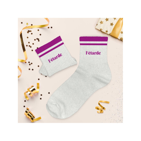 Chaussettes - Femme - Blanc avec paillettes avec bandes violet - Fêtarde  - Taille 36/42