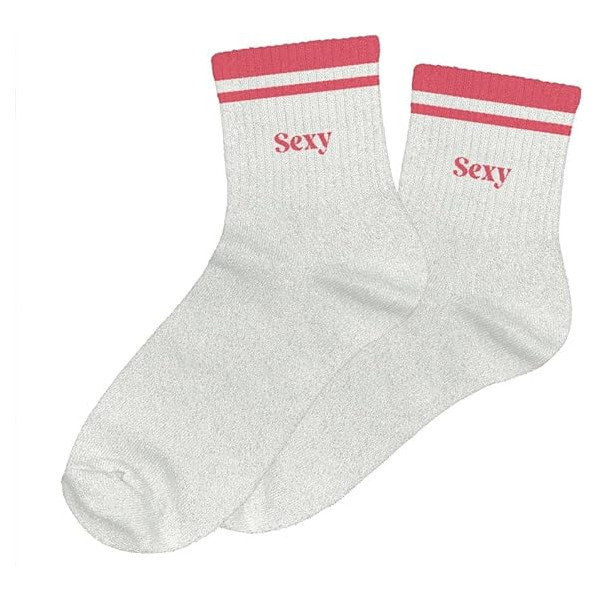 photo-Chaussettes - Femme - Blanc avec paillettes avec bandes rose - Sexy - Taille 36/42