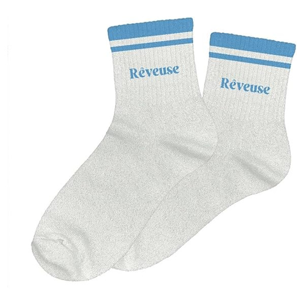 photo-Chaussettes - Femme - Blanc avec paillettes avec bandes bleu - Rêveuse  - Taille 36/42