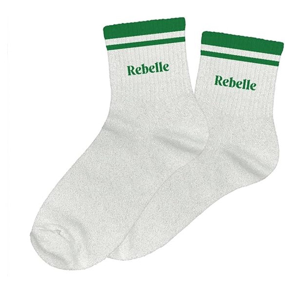 photo-Chaussettes - Femme - Blanc avec paillettes avec bandes vert - Rebelle  - Taille 36/42