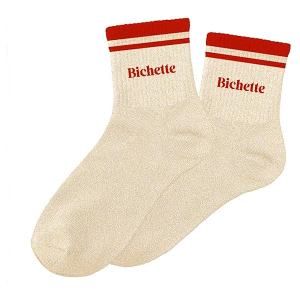 photo-Chaussettes - Femme - Beige avec paillettes avec bandes rouge - Bichette - Taille 36/42