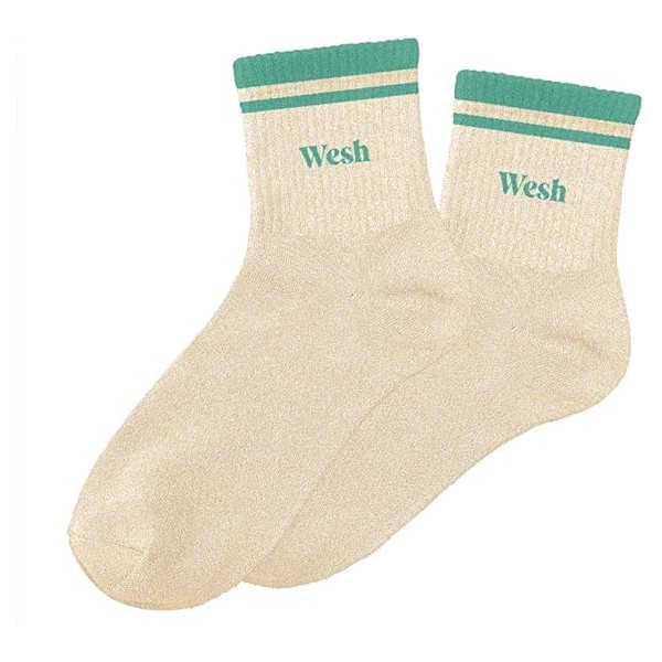photo-Chaussettes - Femme - Blanc avec paillettes avec bandes vert - Wesh - Taille 36/42