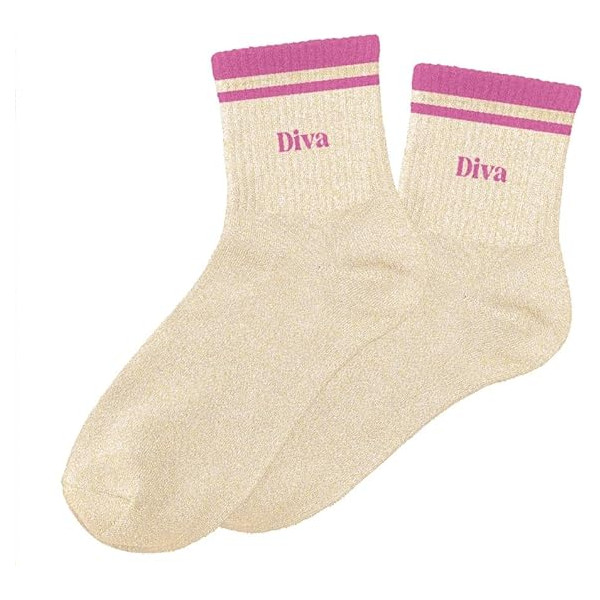 photo-Chaussettes - Femme - Beige avec paillettes avec bandes rose - Diva - Taille 36/42