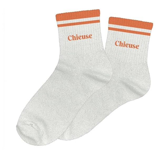 photo-Chaussettes - Femme - Blanc avec paillettes avec bandes orange - Chieuse - Taille 36/42