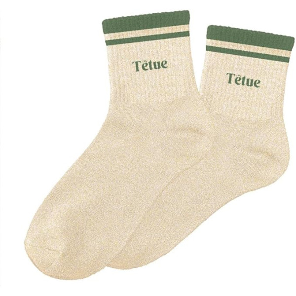 photo-Chaussettes - Femme - Beige avec paillettes avec bandes vert - Têtue  - Taille 36/42