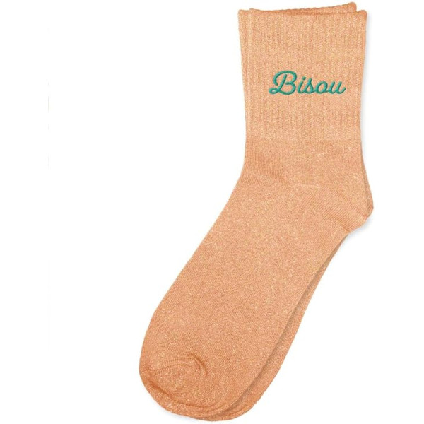 photo-Chaussettes - Femme - Orange avec paillettes - Brodées - Bisou - Taille 36/42 - Humour - Cadeau