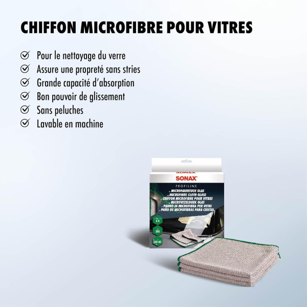 Chiffons en microfibres - Spécial vitres - Très absorbant - Non pelucheux - 3 pièces - Sonax