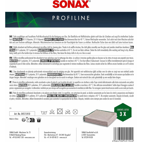 Chiffons en microfibres - Spécial vitres - Très absorbant - Non pelucheux - 3 pièces - Sonax
