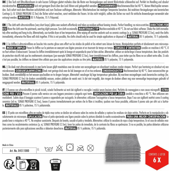 Chiffons - Microfibre - Très absorbant - Pour essuyer carrosserie - 6 pièces - Sonax