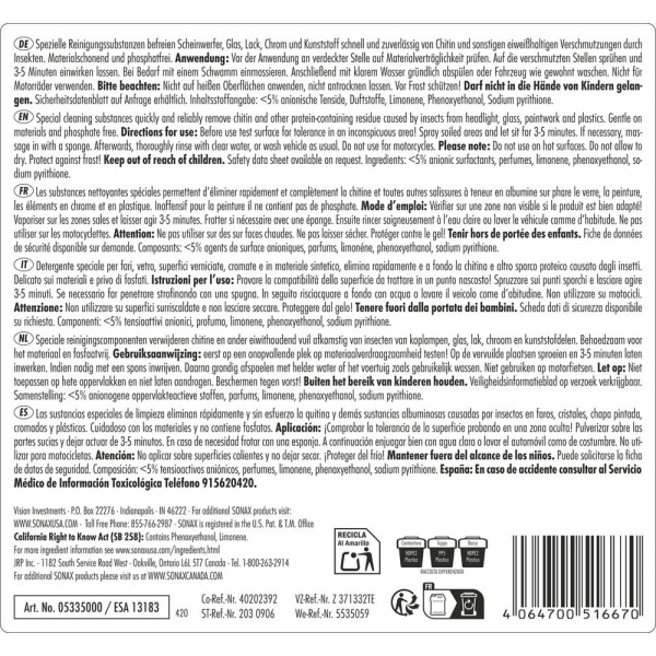 Nettoyant - Insectes - Carrosserie - Phares - Plastique - Chrome - Sans parfum - Sonax - 5L
