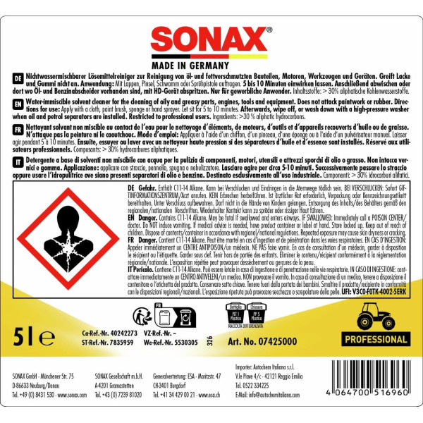 Dégraissant - Nettoyant - Moteur - Outils - Elimine huile et graisse - Sonax - 5L