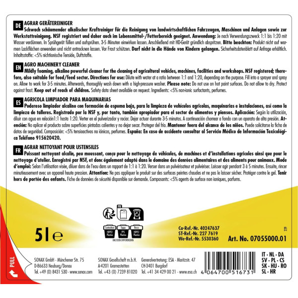 Nettoyant - Salissures tenaces - Véhicules, machines et installations agricoles - Sonax - 5L