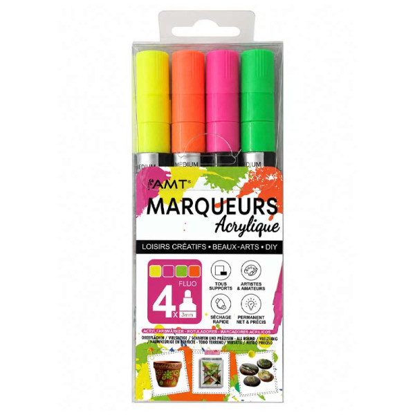 photo-Marqueurs - Encre acrylique - 4 couleurs fluo - Pointe ronde 3mm - Tous supports