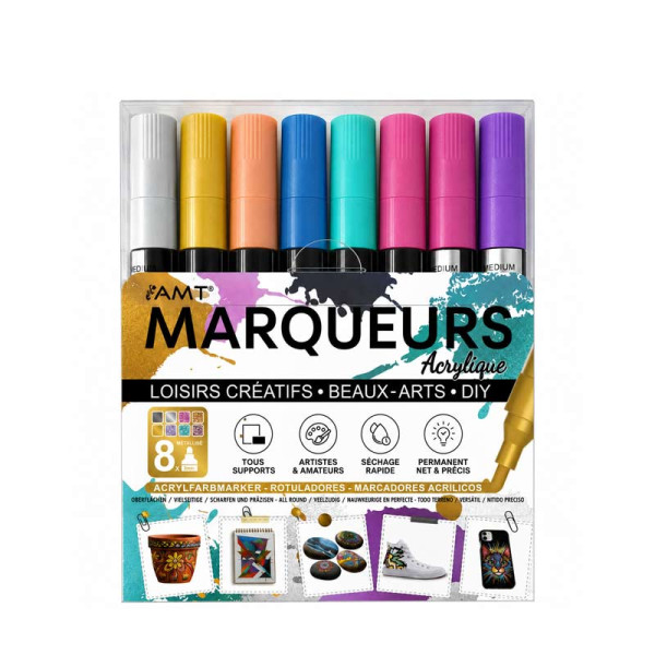 photo-Marqueurs - Encre acrylique - 8 couleurs métalliques - Pointe ronde 3mm - Tous supports