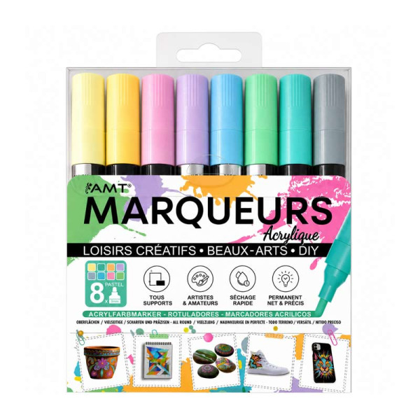 photo-Marqueurs - Encre acrylique - 8 couleurs pastels - Pointe ronde 3mm - Tous supports