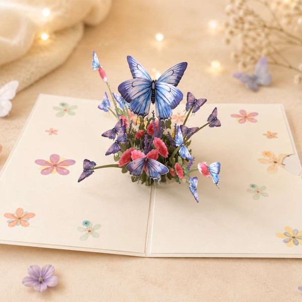 photo-Carte 3D pop-up - Anniversaire - Vœux - Fleurs et papillons - 12x17cm - Avec enveloppe