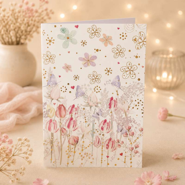 Carte 3D pop-up - Anniversaire - Vœux - Fleurs et papillons - 12x17cm - Avec enveloppe