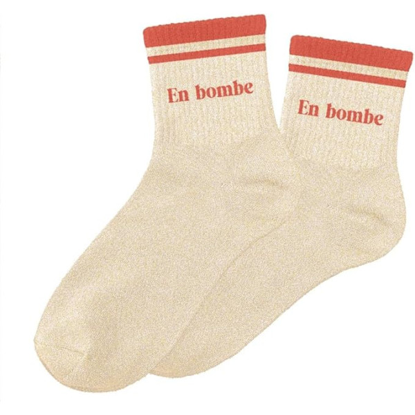 photo-Chaussettes - Femme - Beige avec paillettes avec bandes corail - En bombe - Taille 36/42