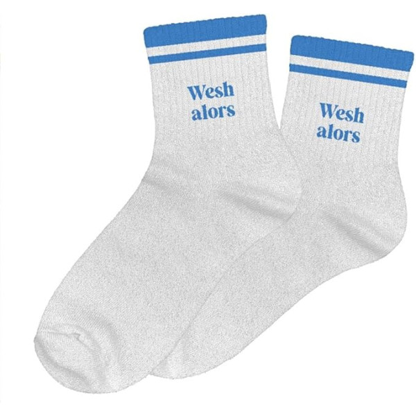 photo-Chaussettes - Femme - Argent avec paillettes avec bandes bleues - Wesh alors - Taille 36/42