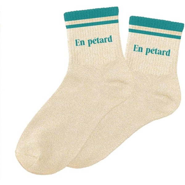 photo-Chaussettes - Femme - Beige avec paillettes avec bandes turquoise - En pétard - Taille 36/42