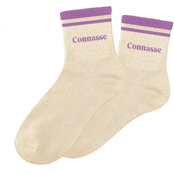 photo-Chaussettes - Femme - Beige avec paillettes avec bandes violettes - Connasse - Taille 36/42
