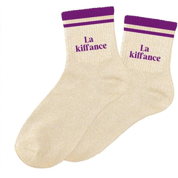 photo-Chaussettes - Femme - Beige avec paillettes avec bandes mauve - La kiffance - Taille 36/42