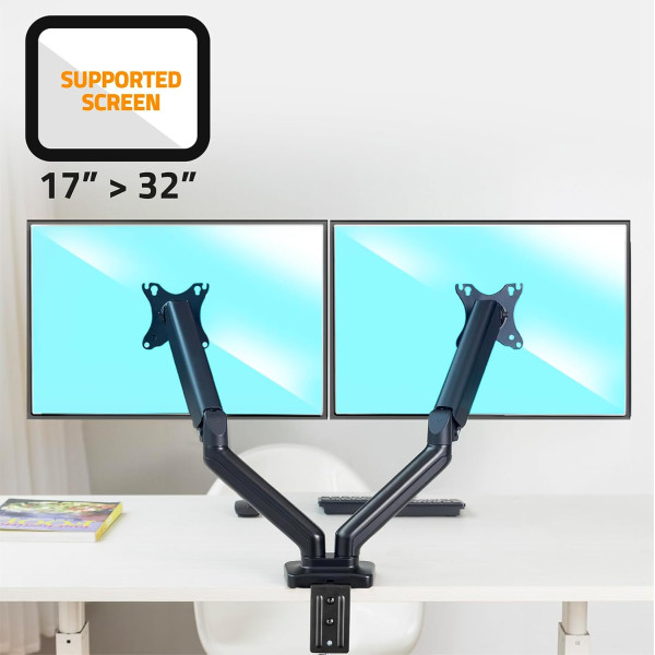 Support pour double écran de PC - 17 à 32 pouces - Bras articulé - Rotation 360° - A fixer