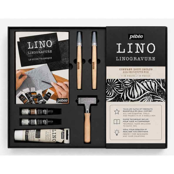 Coffret linogravure - 2 plaques + médium + gouges + rouleau + encres - Pébéo