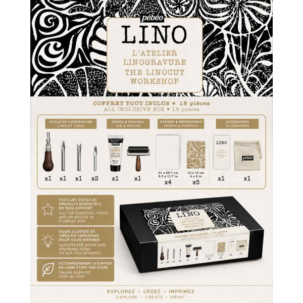 Coffret linogravure - 2 plaques + médium + gouges + rouleau + encres - Pébéo