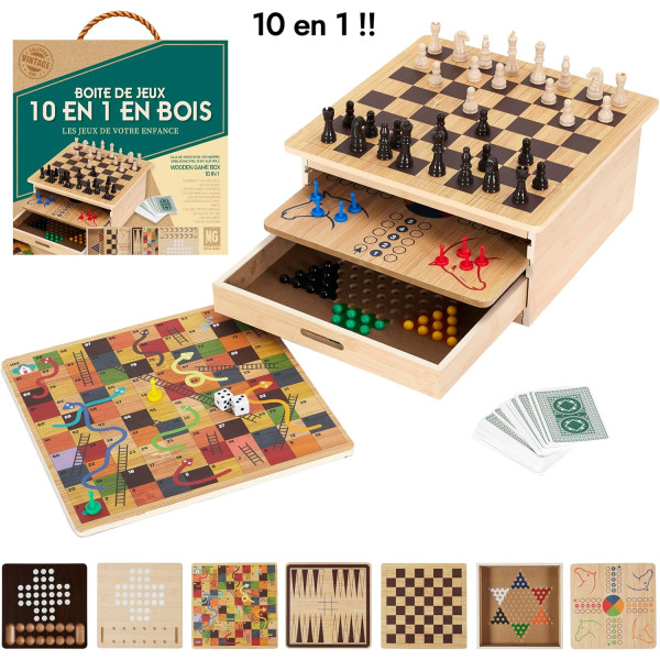 Coffret de jeux de société - Bois - Echecs - Dame - Petits chevaux - Jeu de l'Oie