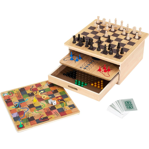 Coffret de jeux de société - Bois - Echecs - Dame - Petits chevaux - Jeu de l'Oie