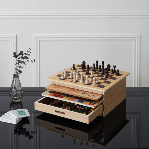 Coffret de jeux de société - Bois - Echecs - Dame - Petits chevaux - Jeu de l'Oie