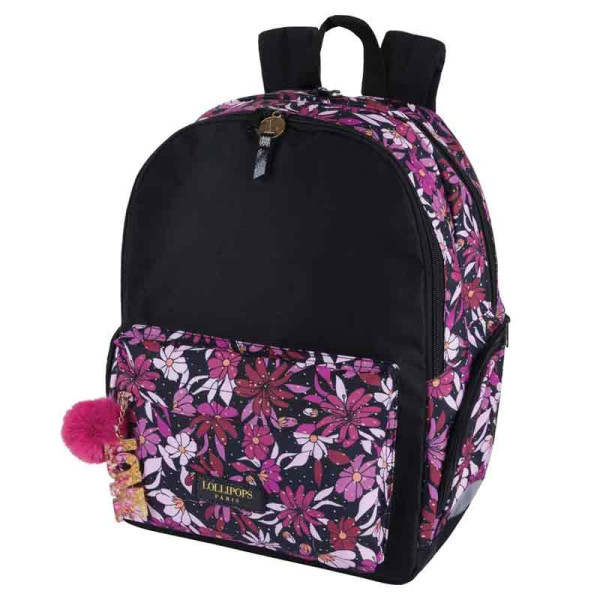 photo-Sac à dos - Primaire - Collège - Noir/Rose - 2 compartiments - 32x24x42cm - Lollipops