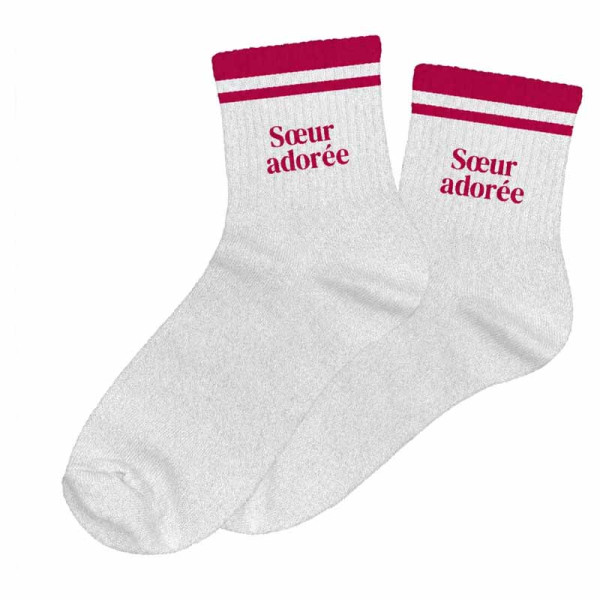 photo-Chaussettes - Femme - Beige avec paillettes avec bandes rouge - Sœur adorée - Taille 36/42